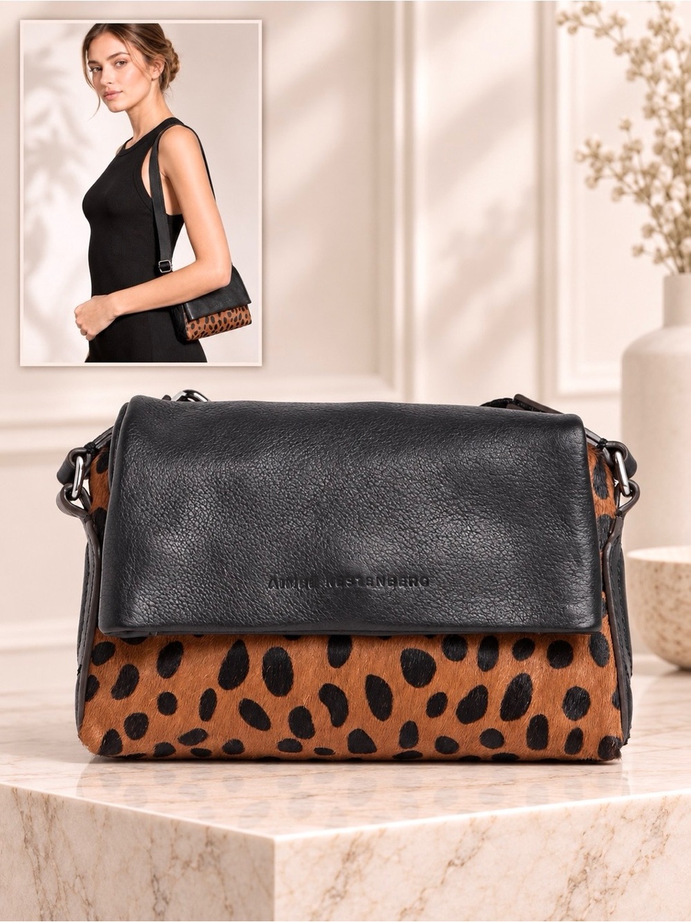 AIMEE KESTENBERG Genuine Leather Mini Crossbody Calf Hair Cheetah Inner Pocket